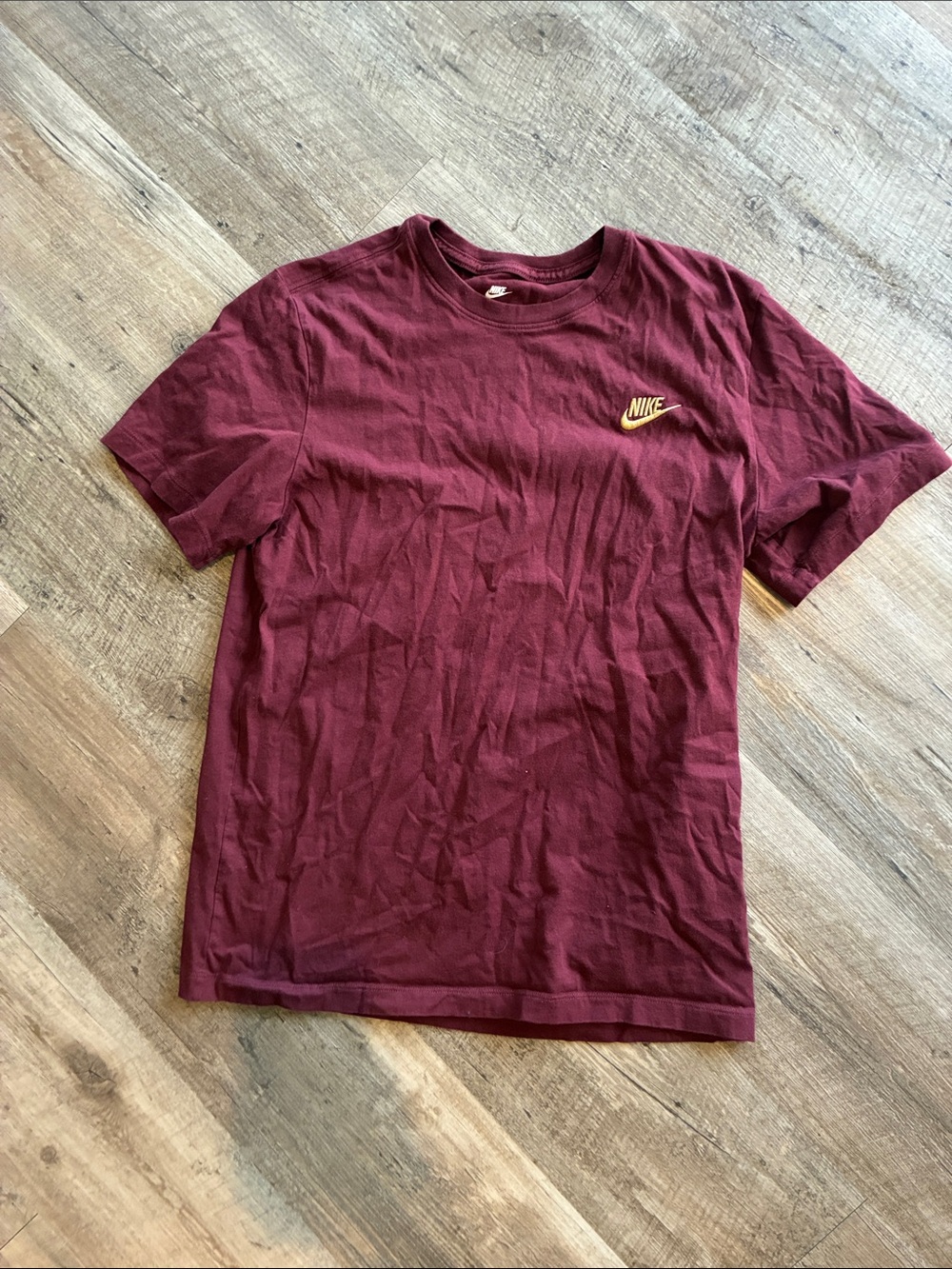 Nike Men's Burgundy Short Sleeve Crew Tee with Gold Logo